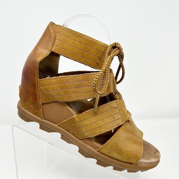Sorel Joanie II Camel Brown Leather Lace Wedge Sandals Size 10 Summer Comfort - Picture 1 of 15